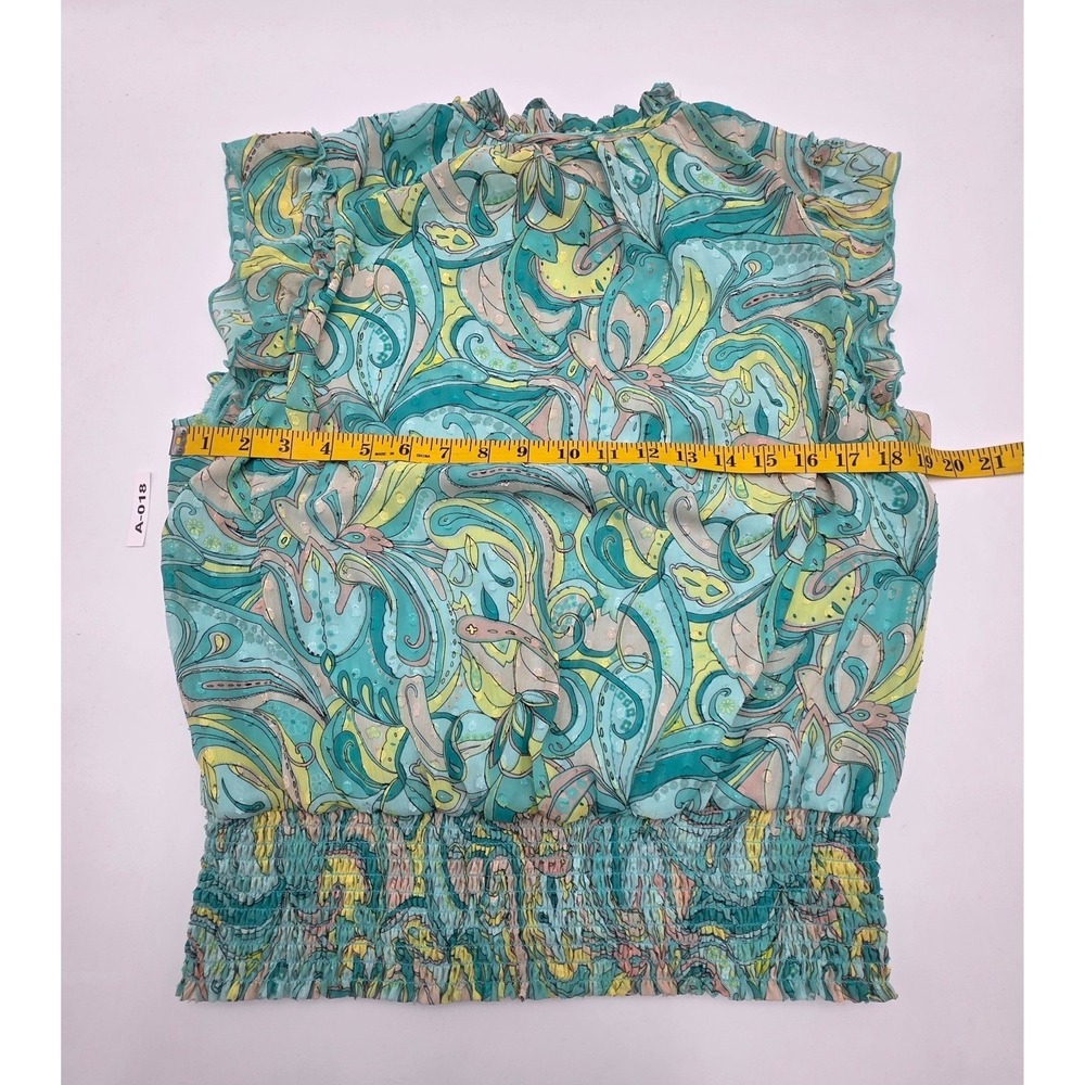Tamara H Womens Paisley Clip Dot Blouse Smocked Hem Ruffle Neck Turquoise Large - Picture 5 of 10